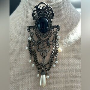 Vintage Victorian Revival Brooch Black Cabochon Faux Pearl Dangle Chains